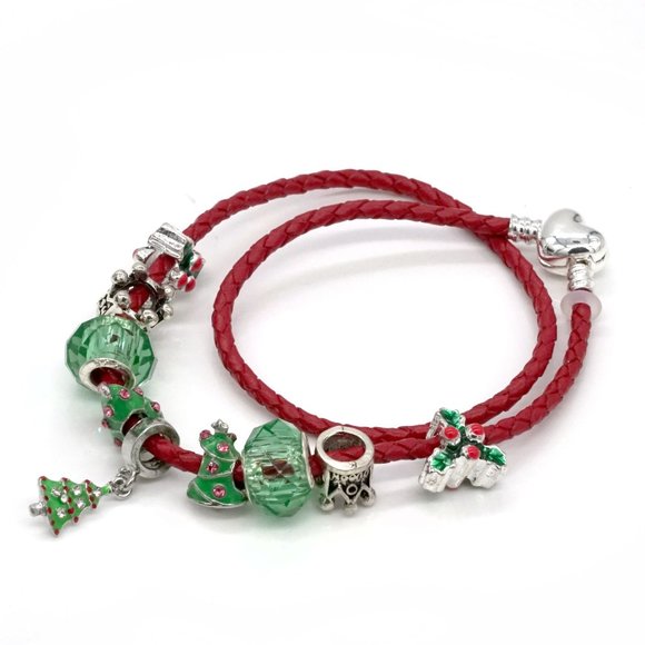 Bracelet Christmas Red Leather Tree Charm Holly Tree Green Beads Silver Clasp. - Picture 2 of 2